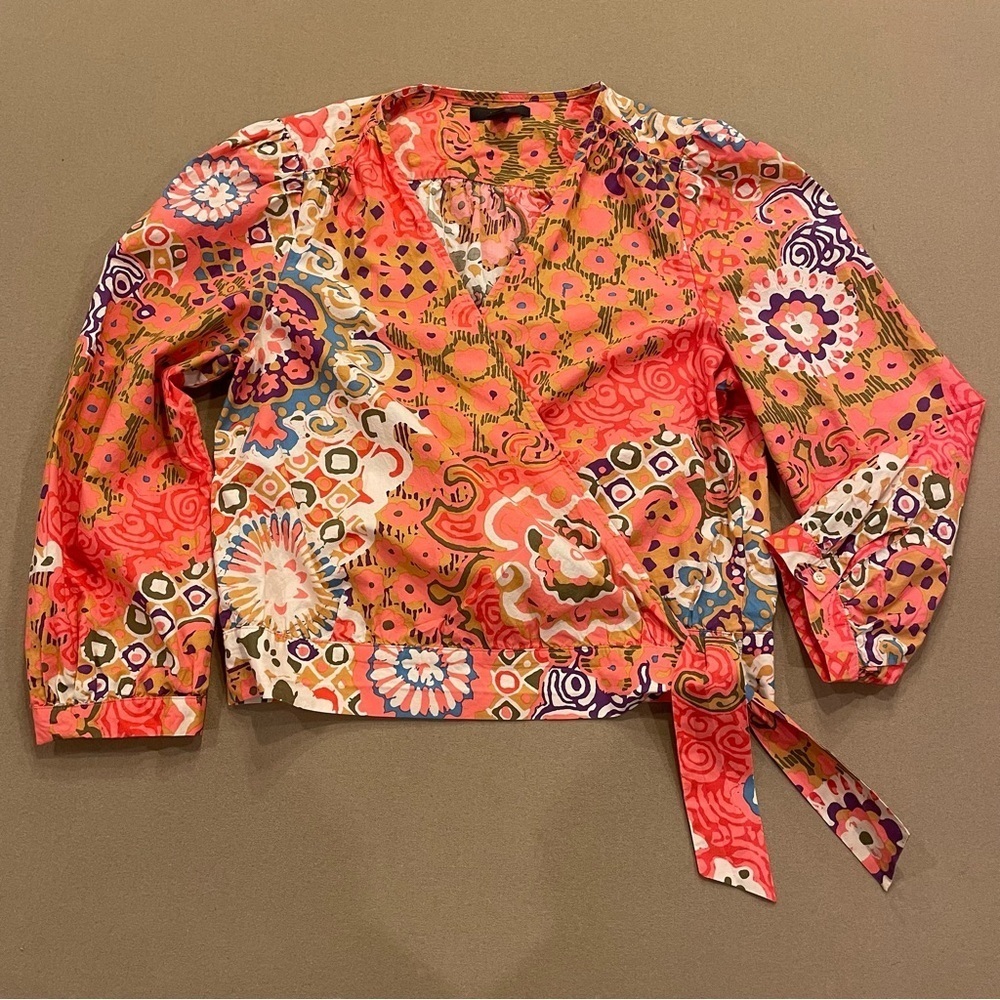 J. Crew 100% Cotton Multicolor Wrap Top Size Small